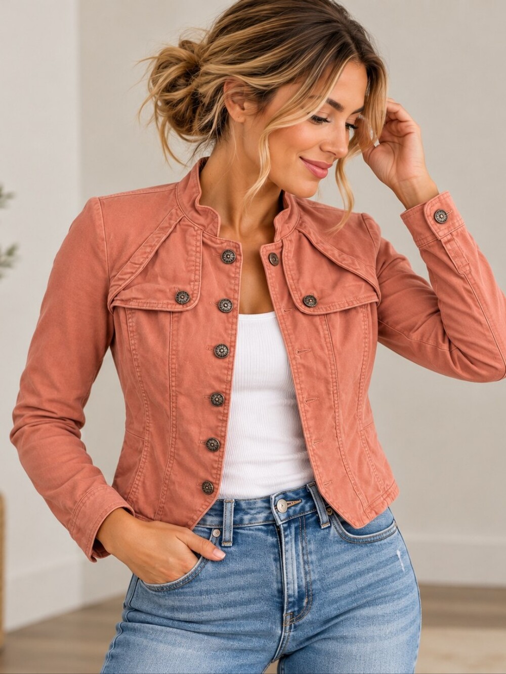 White House Black Market Cropped Military Jacket Coral Pink Women's 4